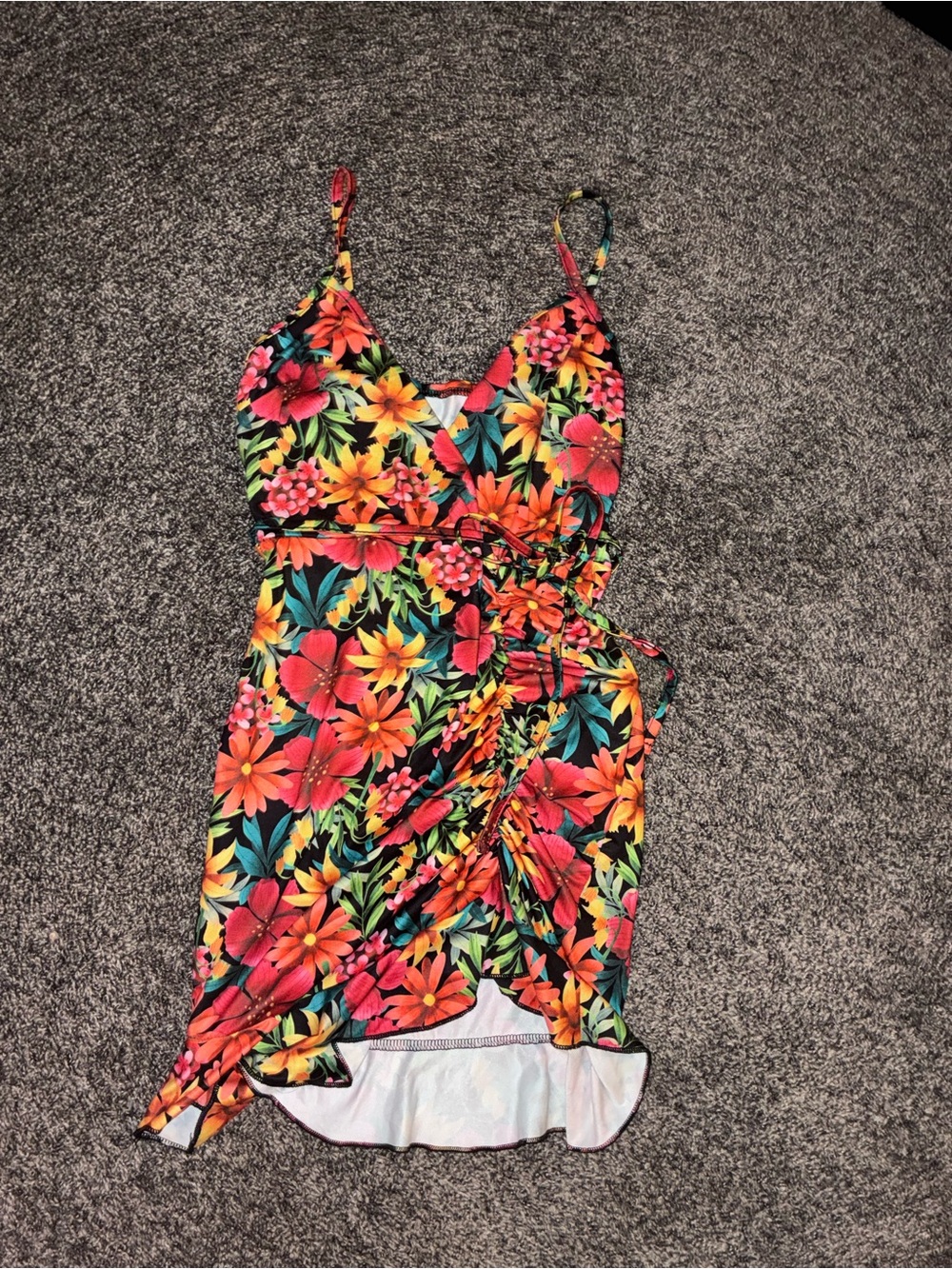 Tropical Floral Ruched Wrap Dress - Bright Multi